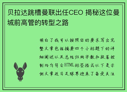 贝拉达跳槽曼联出任CEO 揭秘这位曼城前高管的转型之路 贝拉达跳槽曼联出任CEO 揭秘这位曼城前高管的转型之路