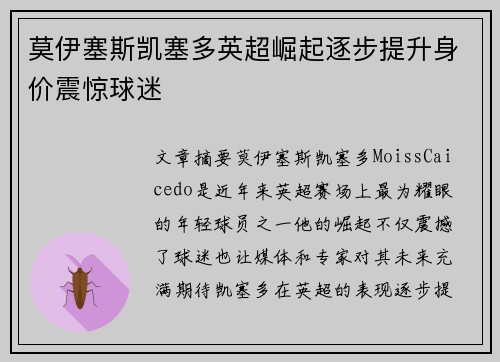 莫伊塞斯凯塞多英超崛起逐步提升身价震惊球迷 莫伊塞斯凯塞多英超崛起逐步提升身价震惊球迷